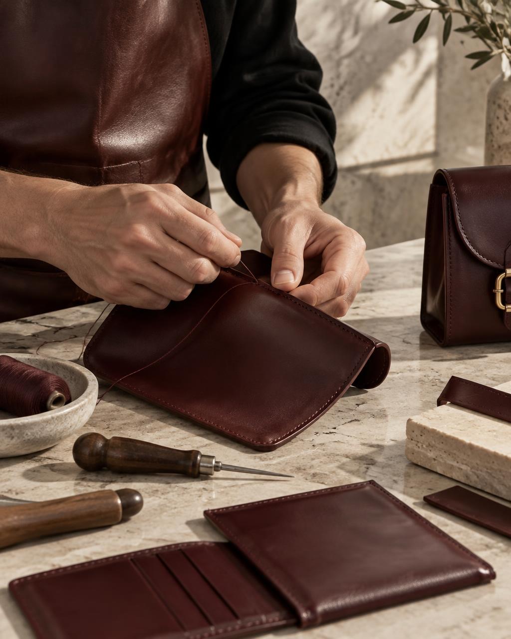 Hands shaping and stitching leather at a worktable