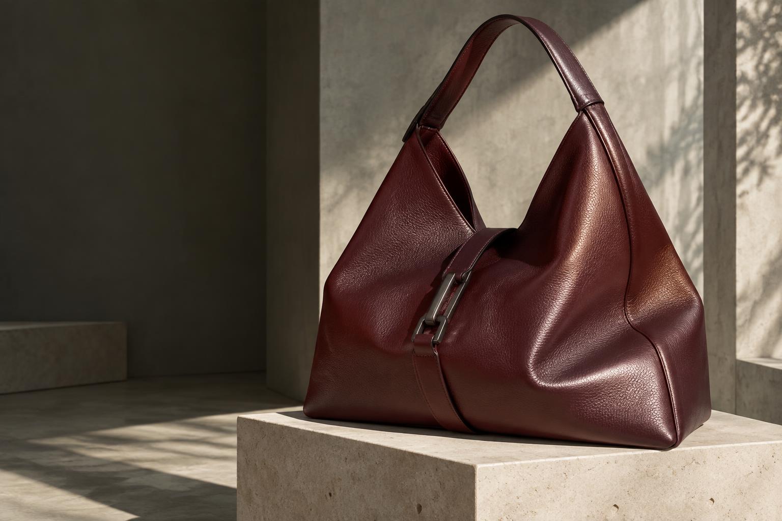 Oxblood leather shoulder bag resting on a limestone plinth